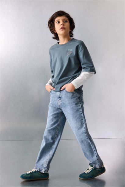 بنطلون جينز اولادي وايد ليج برجل عادية