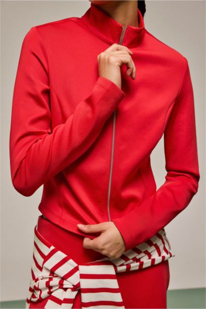 Standard Fit High Neck Scuba Fabric Zip Up Sweatshirt