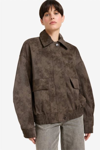 Afra x DeFacto Dad Fit Polo Yaka Fermuarlı Süet Ceket
