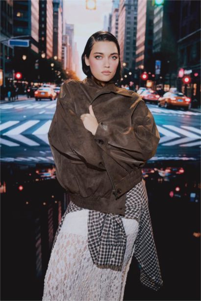 Afra x DeFacto Dad Fit Polo Yaka Fermuarlı Süet Ceket