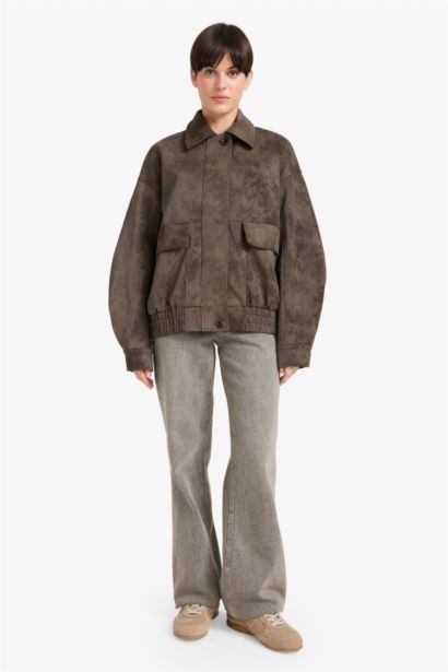Afra x DeFacto Dad Fit Polo Yaka Fermuarlı Süet Ceket