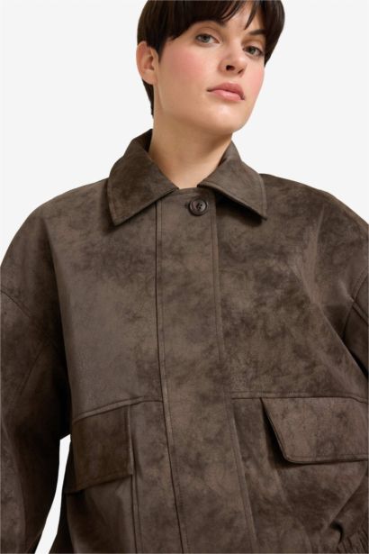 Afra x DeFacto Dad Fit Polo Yaka Fermuarlı Süet Ceket