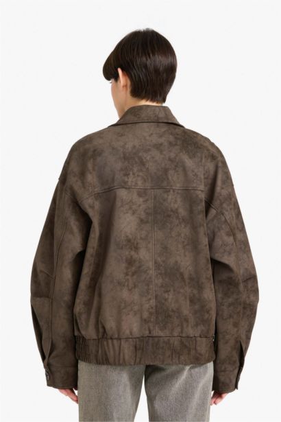 Afra x DeFacto Dad Fit Polo Yaka Fermuarlı Süet Ceket