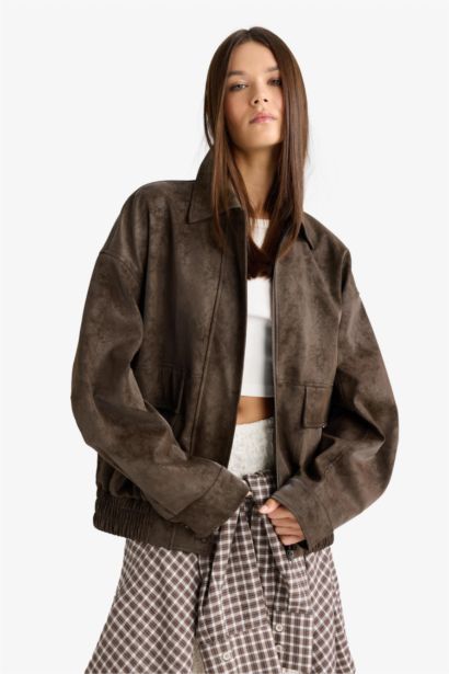 Afra x DeFacto Dad Fit Polo Yaka Fermuarlı Süet Ceket