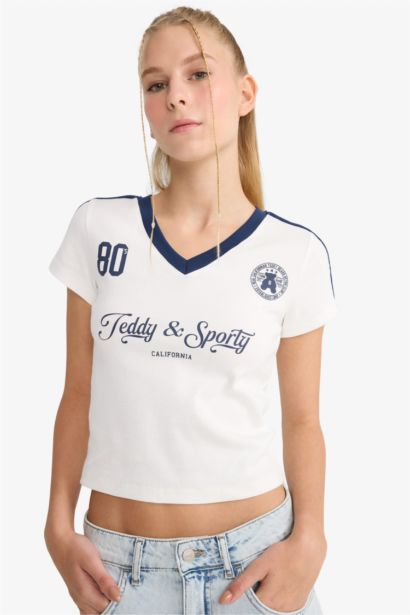 Fitted V Yaka Baskılı Ribana Kısa Kollu Tişört