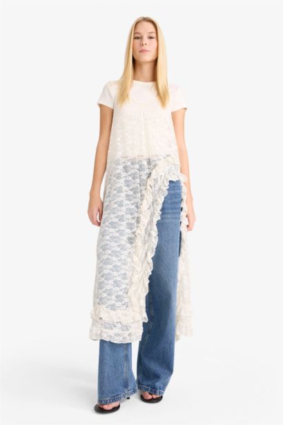 Robe longue en dentelle à bretelles et col V Coupe évasée