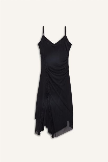 Afra x DeFacto Asimetrik V Yaka Tül Askılı Midi Elbise