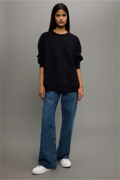 Oversize Geniş Kalıp Bisiklet Yaka Basic Düz Kalın Sweatshirt