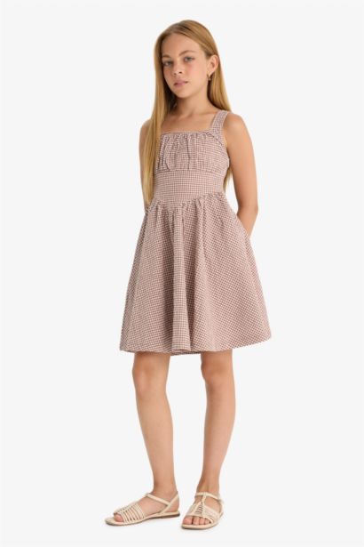 Krinkıl Viskon Kareli Askılı Elbise Kız Çocuk