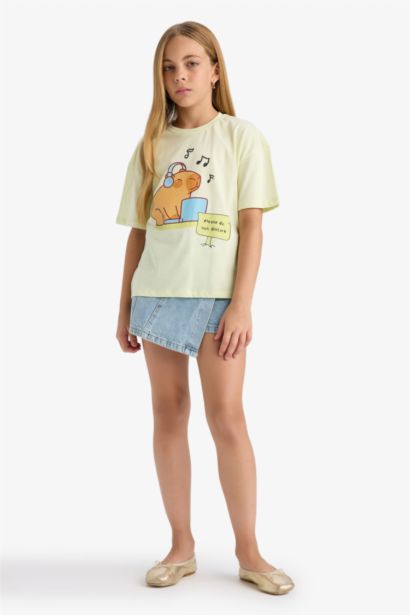 Relax Fit Bisiklet Yaka Baskılı Kısa Kollu Tişört Kız Çocuk