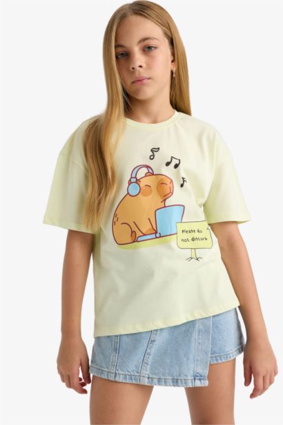 Relax Fit Bisiklet Yaka Baskılı Kısa Kollu Tişört Kız Çocuk