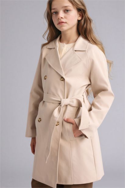 Girl V-Neck Buttoned Trenchcoat