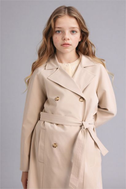 Girl V-Neck Buttoned Trenchcoat