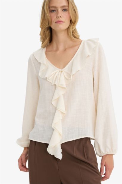 بلوزة كم طويل مكشكش قطن قصة عادية بياقة V