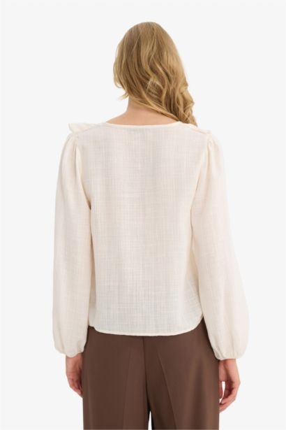 بلوزة كم طويل مكشكش قطن قصة عادية بياقة V