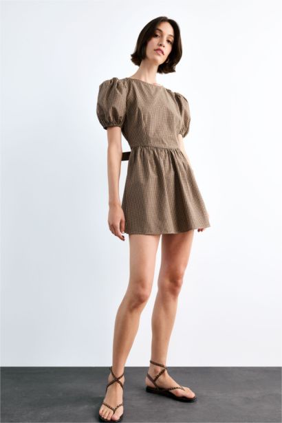 فستان قصير كاروهات بوبلين مخصر كم بالون