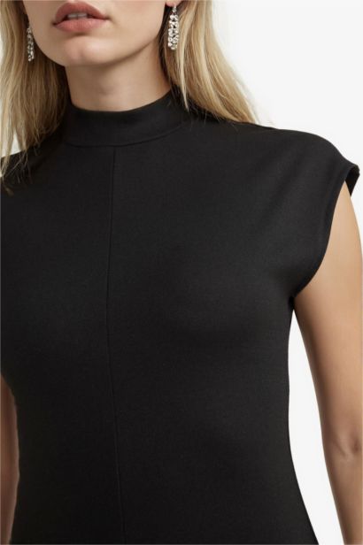 Yarım Balıkçı Yaka Ribana Kısa Kollu Midi Elbise