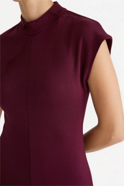 Yarım Balıkçı Yaka Ribana Kısa Kollu Midi Elbise