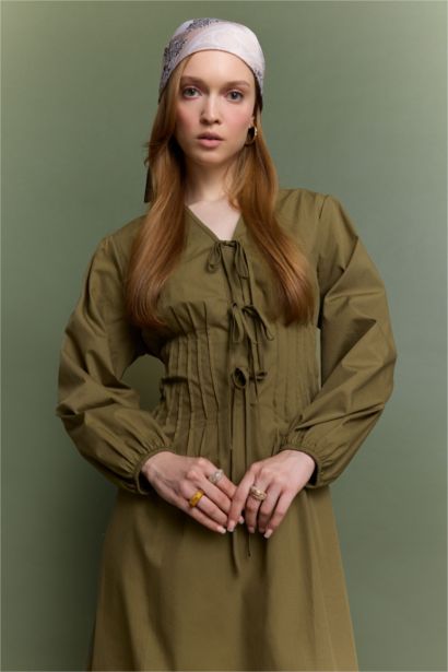 %100 Pamuk V Yaka Poplin Önden Bağlamalı Uzun KolluMaxi Elbise