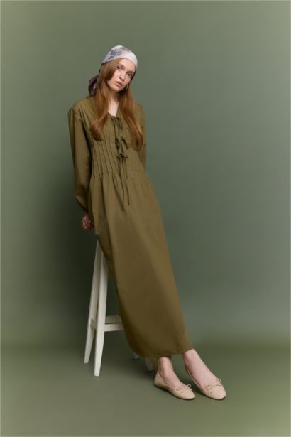 %100 Pamuk V Yaka Poplin Önden Bağlamalı Uzun KolluMaxi Elbise