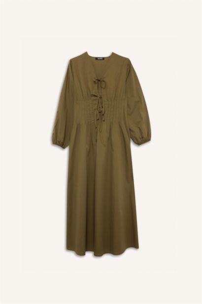 %100 Pamuk V Yaka Poplin Önden Bağlamalı Uzun KolluMaxi Elbise