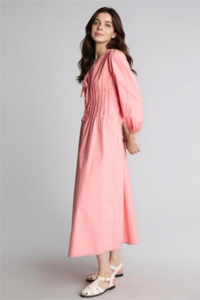 V Yaka Poplin Maxi Elbise