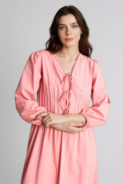 V Yaka Poplin Maxi Elbise