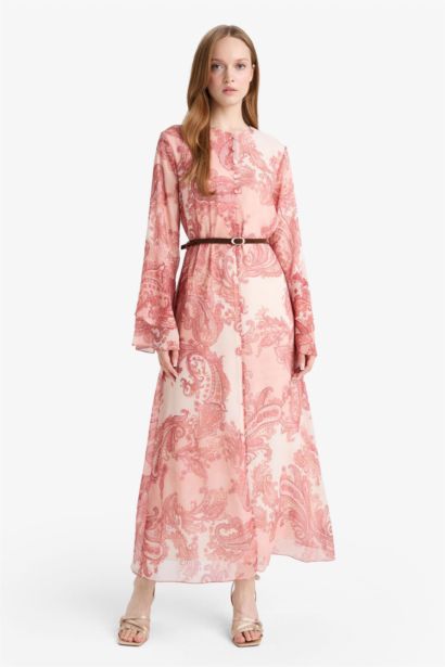 فستان كم طويل من موسلين مطبوع بحزام