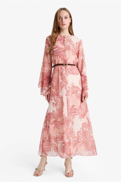 فستان كم طويل من موسلين مطبوع بحزام