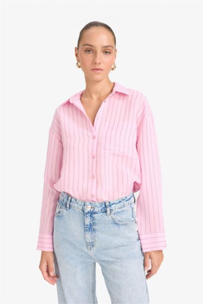 Oversize Geniş Kalıp Çizgili Modal Uzun Kollu Gömlek