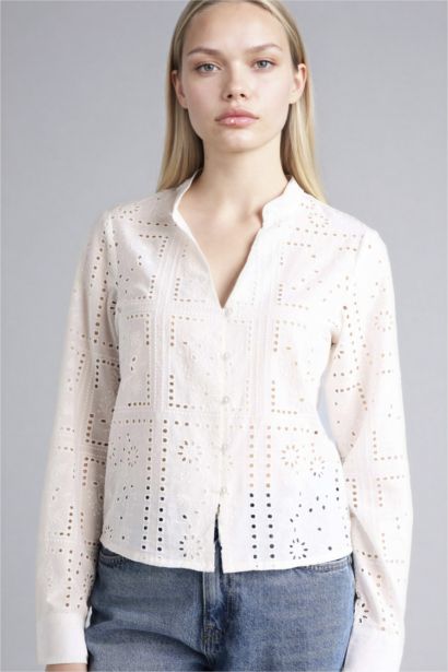 Regular Fıt Kaçık Yaka Brode Uzun Kollu Gömlek