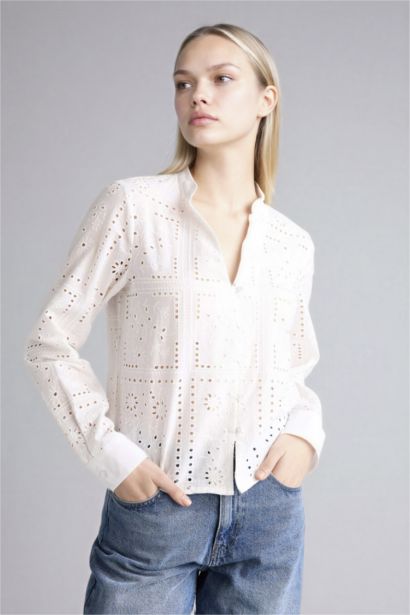 Regular Fıt Kaçık Yaka Brode Uzun Kollu Gömlek