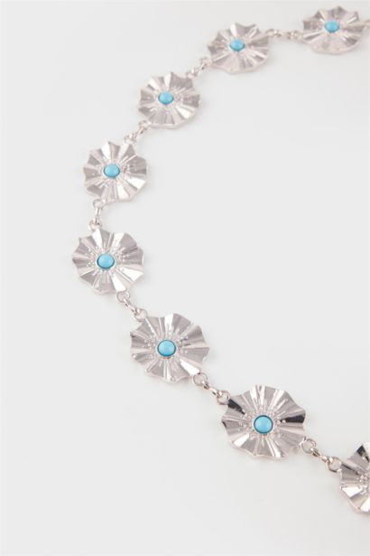 Kadın Mavi Taşlı Çiçekli Silver Bel Zinciri