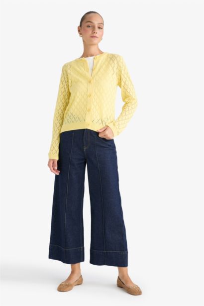 Regular Fit Crew Neck Openwork Knit Cardigan