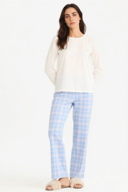 Pijama Takımı Regular Fit Uzun Kollu Üst Kareli Uzun Alt