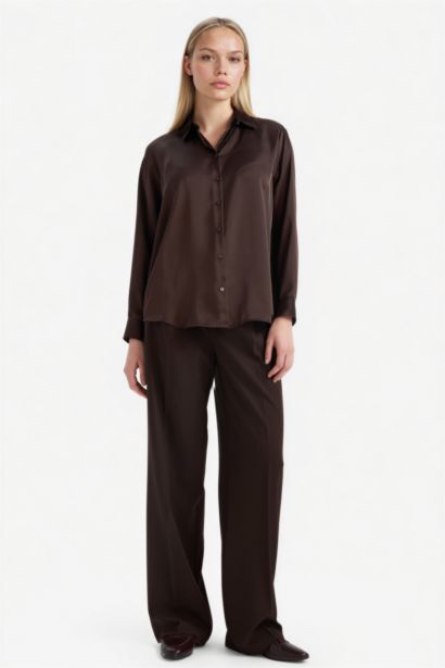 Oversize Fit Shirt Collar Satin Long Sleeve Shirt