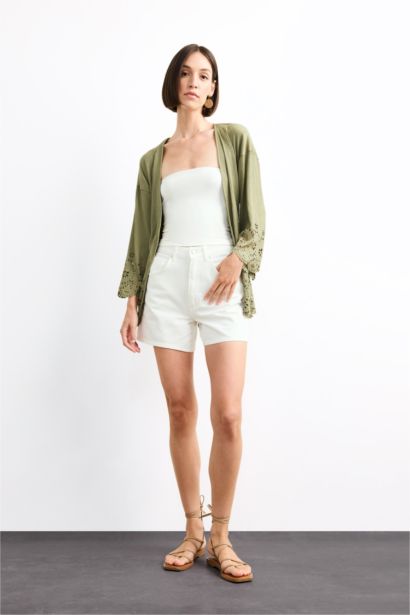 Fitted Bürümcük Brode Bağlamalı Uzun Kollu Bluz 