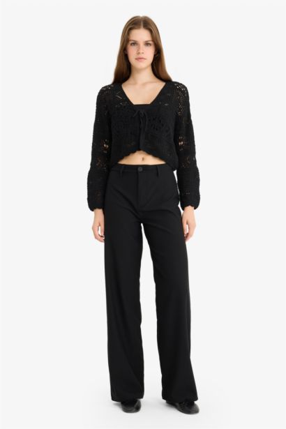 جاكيت كروشيه قصة عادية بياخة V برباط من الأمام