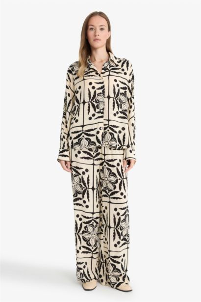 Chemise en viscose froissée imprimée manches longues Coupe régulière