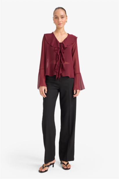 بلوزة كم طويل شيفون قصة عادية بياقة V