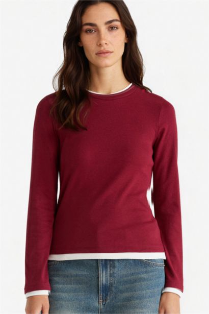 Regular Fit Crew Neck Long Sleeve Ribbed Top