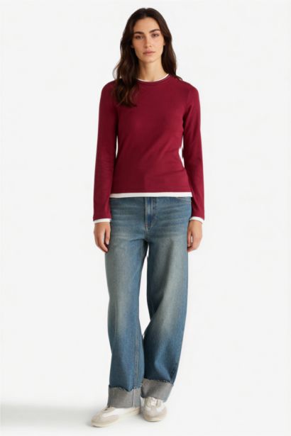 Regular Fit Crew Neck Long Sleeve Ribbed Top