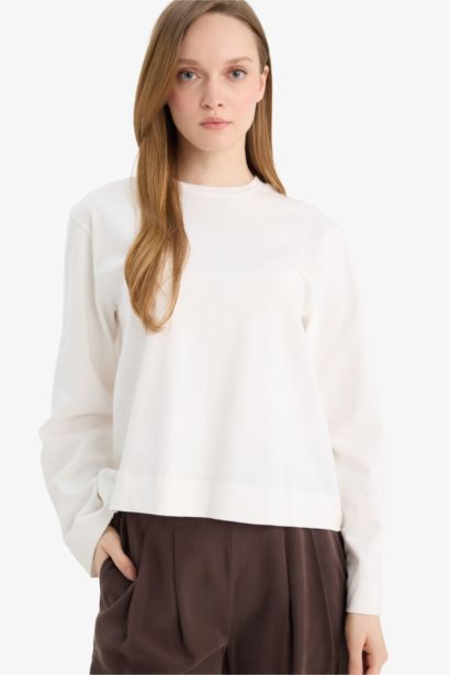 Regular Fit Crew Neck Long Sleeve Cotton Tunic