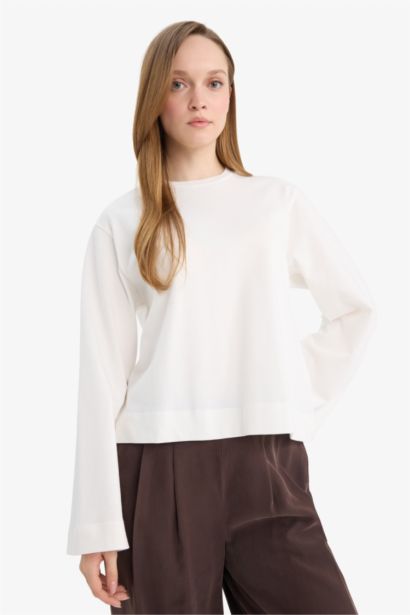 Regular Fit Crew Neck Long Sleeve Cotton Tunic