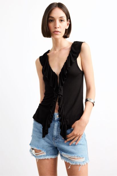 V-Neck Flounce Viscose Sleeveless Blouse
