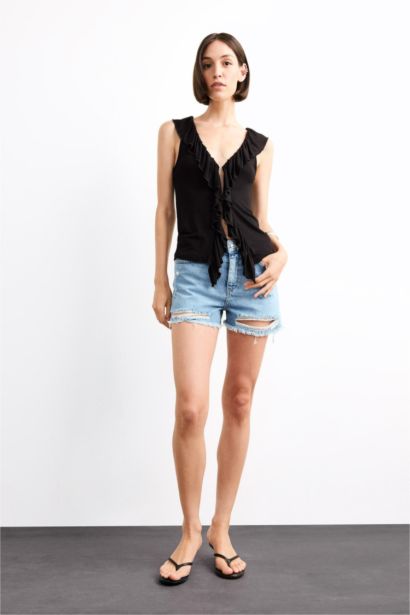 V-Neck Flounce Viscose Sleeveless Blouse