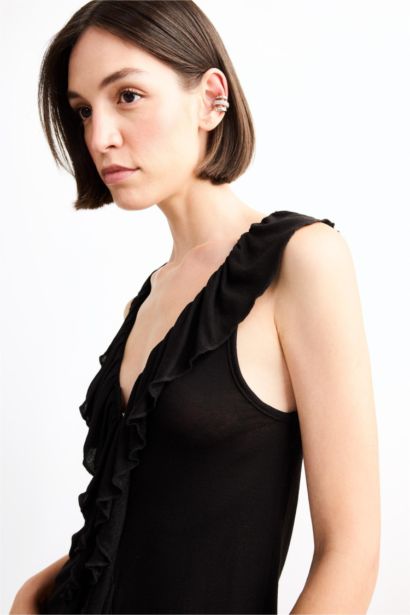 V-Neck Flounce Viscose Sleeveless Blouse