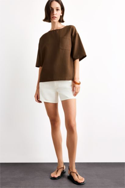 بلوزة نص ردن منسوج قصة مريحة بياخة مستديرة