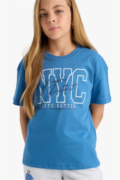 تيشيرت بناتي نص ردن بطبعة فاكهة قصة مريحة