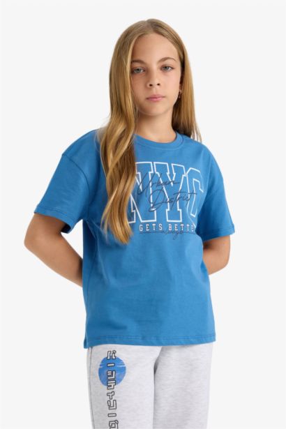 تيشيرت بناتي نص ردن بطبعة فاكهة قصة مريحة